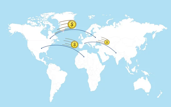 Monedas Con Flechas Volando Rápido Continente Otro Mapa Del Mundo —  Fotos de Stock
