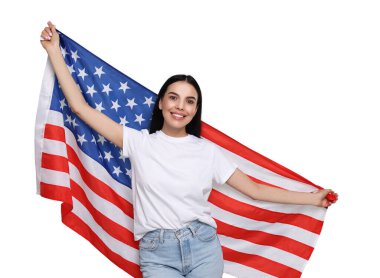 4 Temmuz - Amerika 'nın Bağımsızlık Günü. Amerika Birleşik Devletleri bayrağını beyaz arka planda tutan mutlu kadın