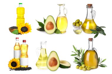 Beyaz üzerine izole edilmiş ayçiçeği, avokado ve zeytin yağlarıyla kolaj