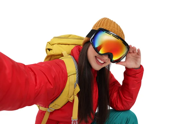 Lächelnde Frau Mit Skibrille Macht Selfie Auf Weißem Hintergrund — Stockfoto