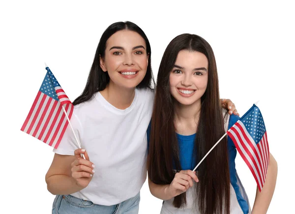 Julio Día Independencia América Feliz Madre Hija Con Banderas Nacionales —  Fotos de Stock