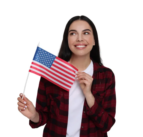 Julio Día Independencia América Mujer Joven Feliz Sosteniendo Bandera Nacional —  Fotos de Stock