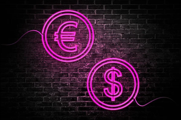 Valutaväxling Neon Tecken Magenta Euro Och Dollar Symboler Tegelvägg — Stockfoto