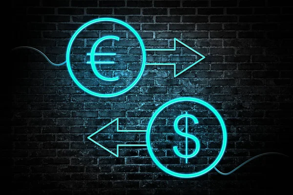 Neonový Nápis Směny Peněz Světle Modré Šipky Symboly Eura Dolaru — Stock fotografie