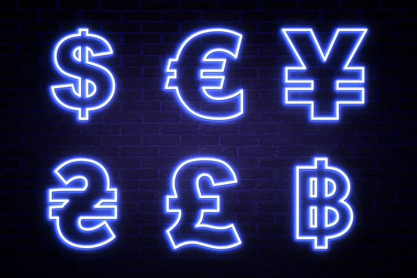 stock image Money exchange neon sign. Blue symbols of different currencies on brick wall