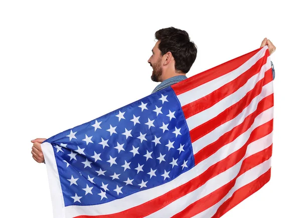 7月4日美国独立日 在白色背景下悬挂美国国旗的人 — 图库照片