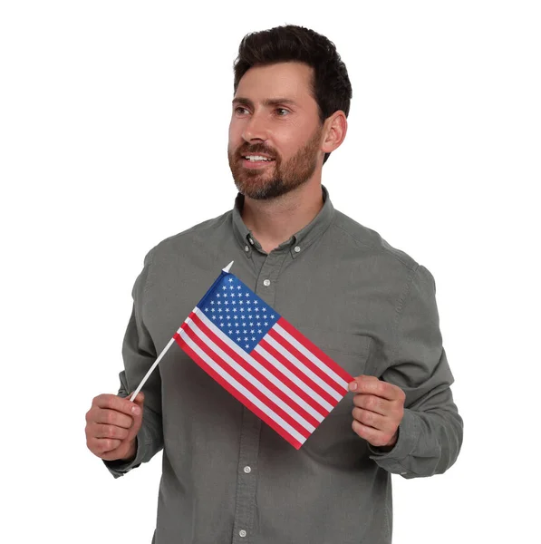 7月4日美国独立日 拿着美国国旗 背景为白色的快乐男人 — 图库照片