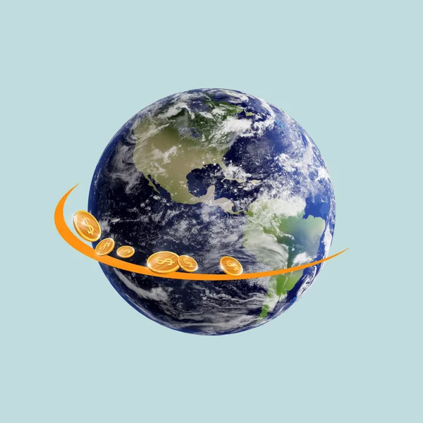 Mynt Som Flyger Runt Planeten Symboliserar Penningtransaktioner Illustration Ljusblå Bakgrund — Stockfoto