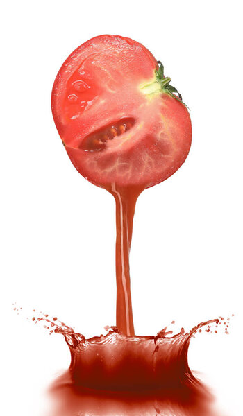 Pouring freshly squeezed juice from tomato on white background