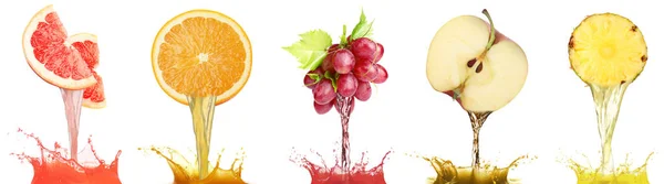 Collage Diferentes Jugos Recién Exprimidos Que Vierten Frutas Sobre Fondo — Foto de Stock