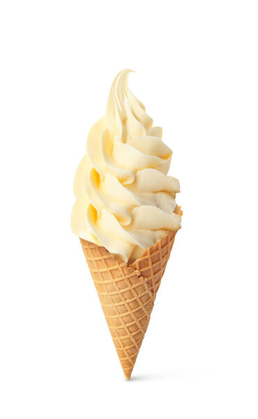 Delicious soft serve vanilla ice cream in crispy cone isolated on white