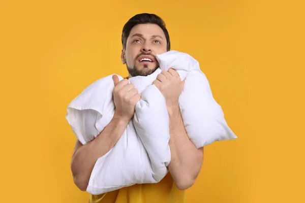 Tired Man Pillow Yellow Background Insomnia Problem — Stock Photo, Image