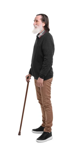 Senior Man Walking Cane White Background — Stock Photo, Image