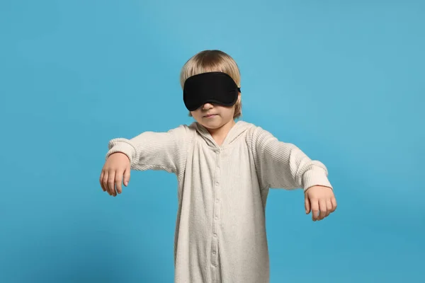 Boy Pajamas Sleep Mask Sleepwalking Light Blue Background — Stock Fotó