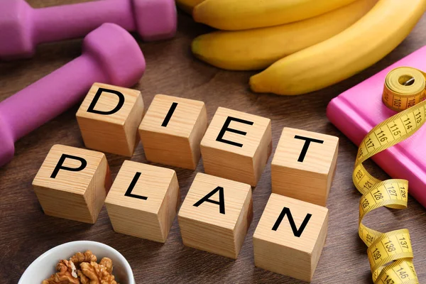 Phrase Diet Plan Aus Würfeln Fitnessartikeln Und Produkten Auf Einem — Stockfoto