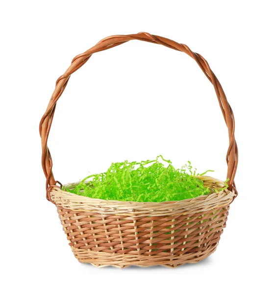 Ostern Weidenkorb Mit Dekoriertem Gras Isoliert Auf Weiß — Stockfoto