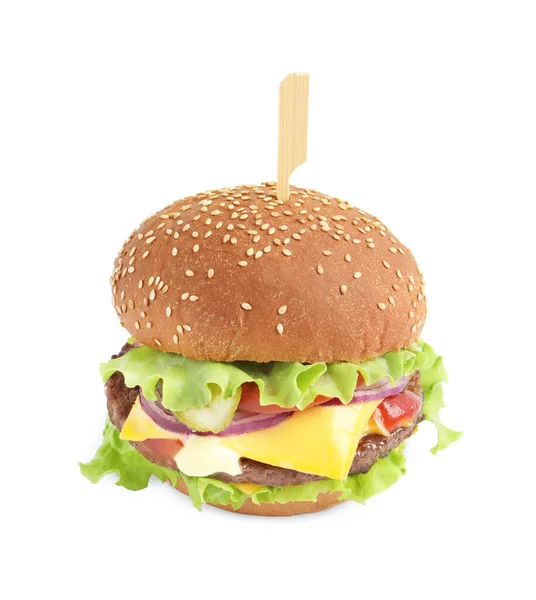 Νόστιμο Burger Μπιφτέκι Και Μαρούλι Που Απομονώνονται Λευκό — Φωτογραφία Αρχείου