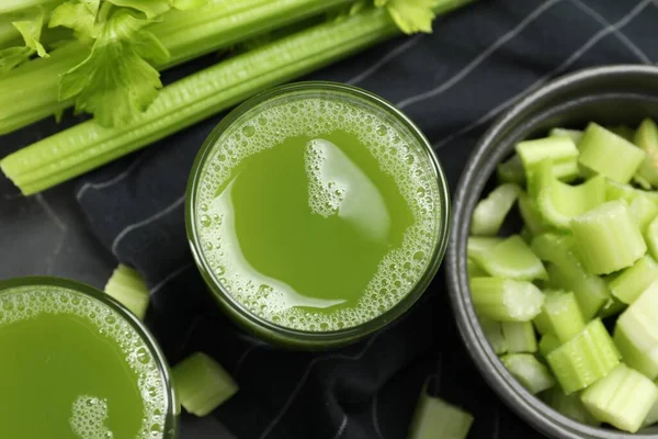 Glass Delicious Celery Juice Vegetables Table Flat Lay — Stock Photo, Image
