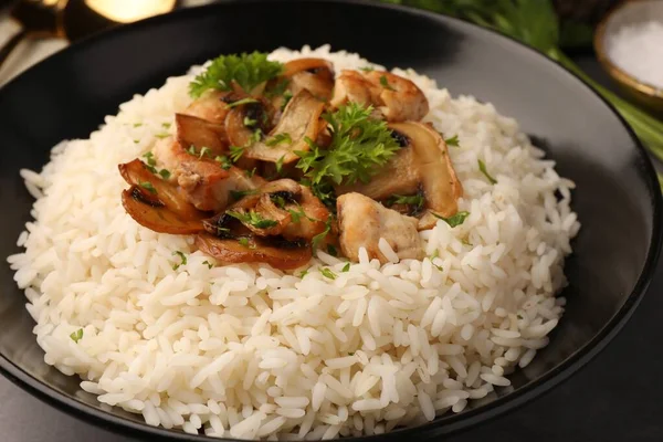 Delicious Rice Parsley Mushrooms Plate Closeup — Stock Photo, Image