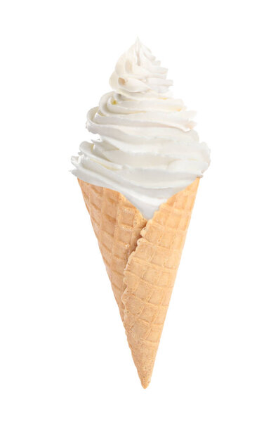 Tasty ice cream in waffle cone isolated on white. Soft serve