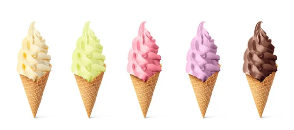 白底圆锥脆饼中的一组不同的美味软食冰淇淋 — 图库照片