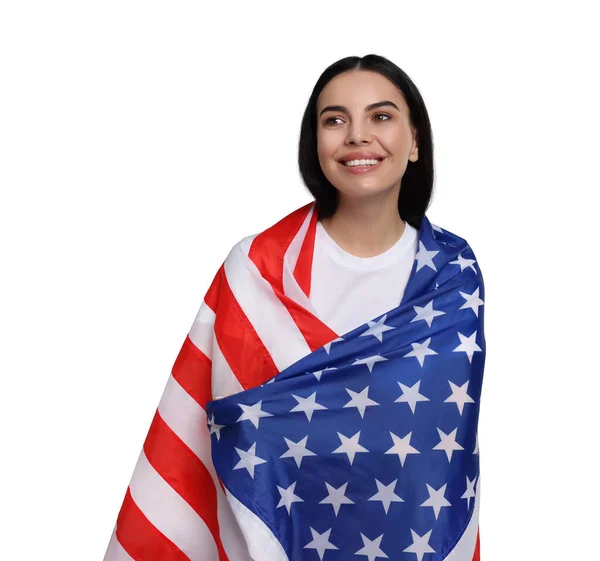 Julio Día Independencia América Mujer Feliz Con Bandera Nacional Estados — Foto de Stock
