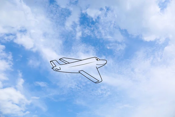 Fantasie Und Kreativität Flauschige Wolke Form Eines Flugzeugs Mit Gezeichneten — Stockfoto