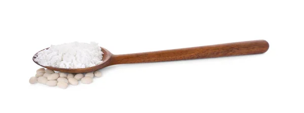 Drewniana Łyżka Mąką Fasolą Nerkową Izolowana Białym — Zdjęcie stockowe