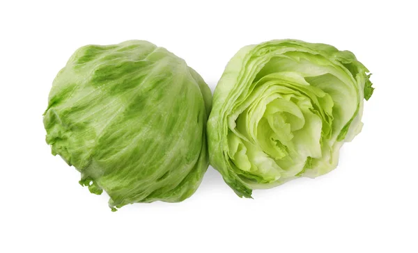 Whole Cut Fresh Green Iceberg Lettuces Isolated White Top View — Stock Photo, Image