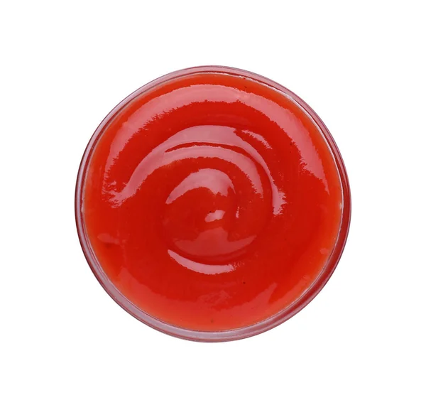 Tigela Ketchup Saboroso Isolado Branco Vista Superior Molho Tomate — Fotografia de Stock