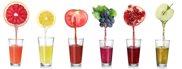 Collage of different freshly squeezed juices pouring from fruits and vegetable on white background
