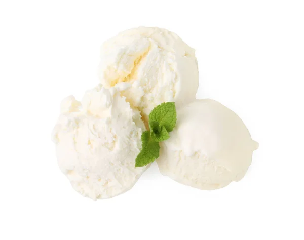 Skořápky Lahodné Vanilkové Zmrzliny Mátou Izolovanou Bílém Horní Pohled — Stock fotografie