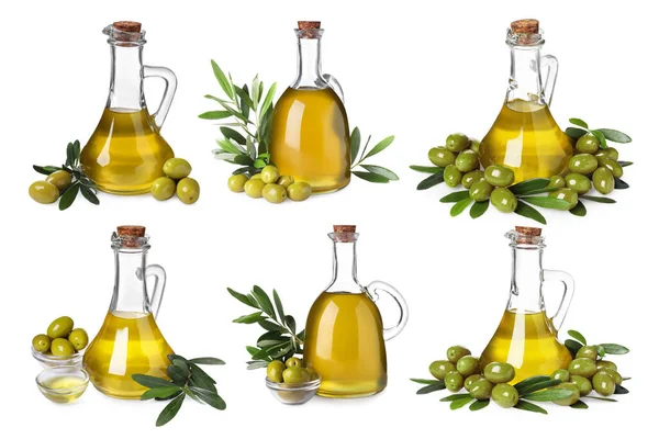 Collage Con Bottiglie Olio Cucina Olive Isolate Bianco — Foto Stock