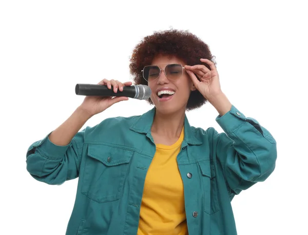 Curly Young Woman Sunglasses Microphone Singing White Background — Stock Photo, Image
