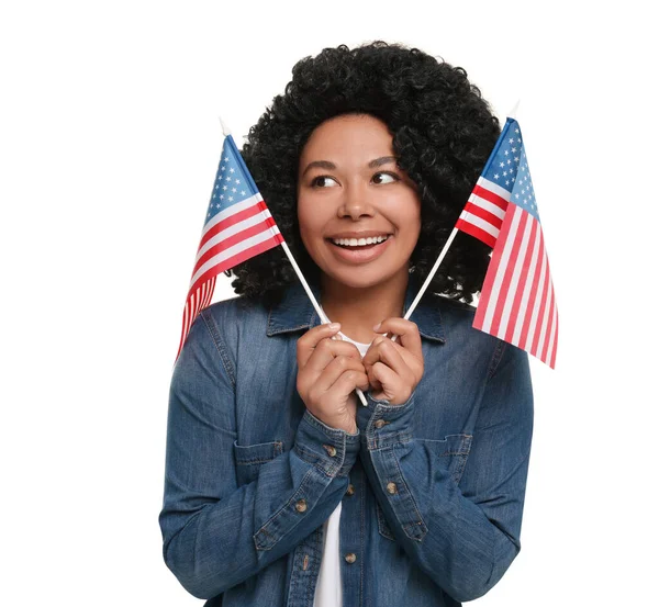 4Th July Independence Day Usa Happy Woman American Flags White — Stock Photo, Image