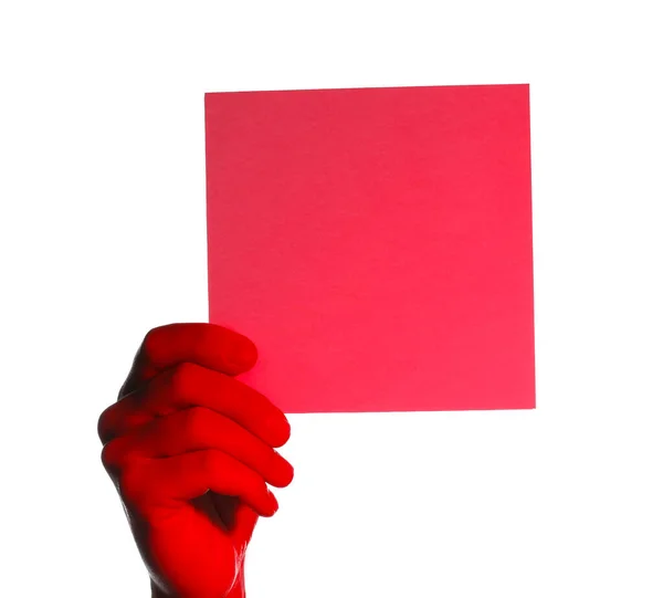 Homem Segurando Folha Vermelha Papel Sobre Fundo Branco Close Mockup — Fotografia de Stock