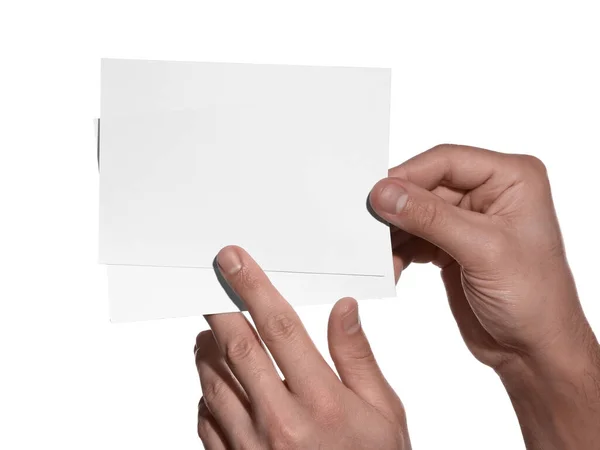 Человек Бумажными Карточками Белом Фоне Крупным Планом Макет Дизайна — стоковое фото