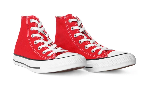 Pair New Red Stylish High Top Plimsolls White Background — Stok fotoğraf
