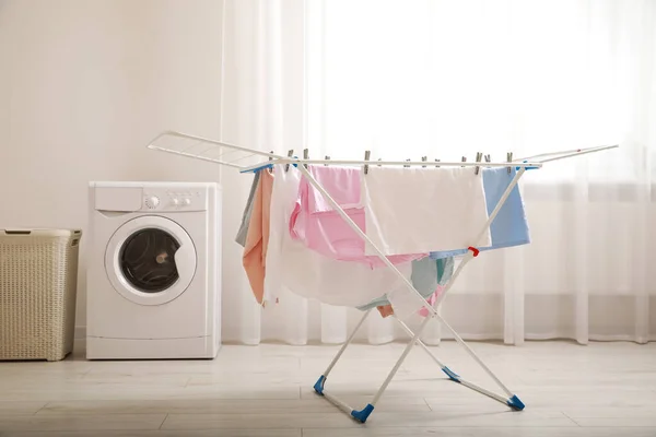 Clean Laundry Hanging Drying Rack Indoors — Stock Photo, Image