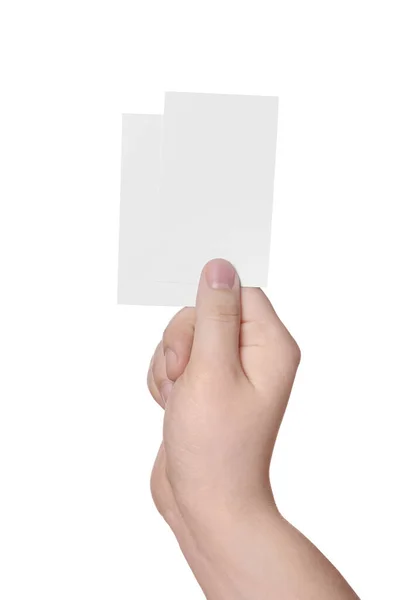 Женщина Держит Бумажные Карточки Белом Фоне Крупным Планом Макет Дизайна — стоковое фото