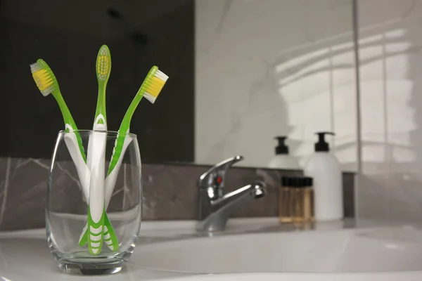 Glass Holder Light Green Toothbrushes Bathroom — Stock Photo, Image