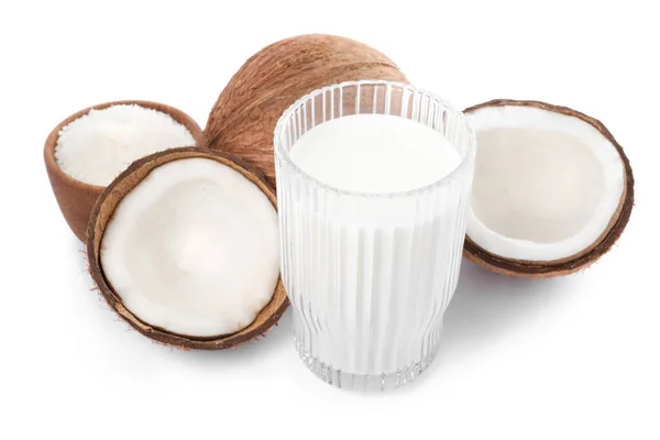 Glass Delicious Vegan Milk Coconuts Flakes White Background — Stock Photo, Image
