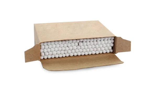 Kartonová Krabička Bavlněnými Pupeny Izolovanými Bílém — Stock fotografie