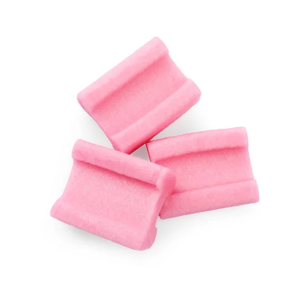 Вкусные Розовые Жевательные Резинки Белом Фоне Вид Сверху — стоковое фото