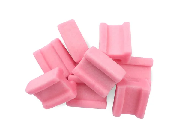 Tasty Pink Chewing Gums White Background Top View — Stock Photo, Image