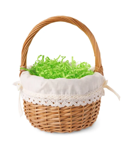 stock image Easter wicker basket with decorated grass isolated on white