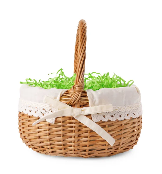 stock image Easter wicker basket with decorated grass isolated on white