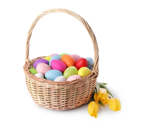 Wicker Basket Beautifully Painted Easter Eggs Tulips Isolated White — Photo
