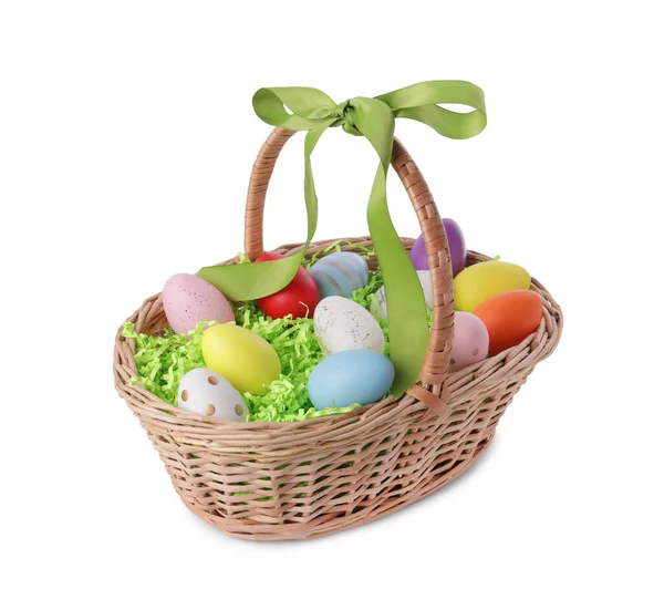 Wicker Basket Beautifully Painted Easter Eggs Isolated White — Stock Fotó