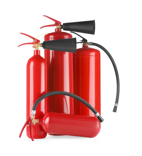 Muitos Extintores Incêndio Vermelho Fundo Branco — Fotografia de Stock